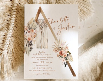 pampas grass wedding invitation digital for phone #135-2 palm rust burnt orange text invite Electronic boho wedding invitation template