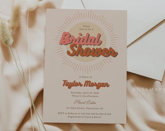 Retro bridal shower invitation template, 70's boho sunburst bridal shower invites, 1970s hot pink terracotta peach burnt orange sienna #147