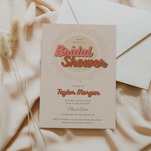 Retro bridal shower invitation template, 70's boho sunburst bridal shower invites, 1970s hot pink terracotta peach burnt orange sienna #147