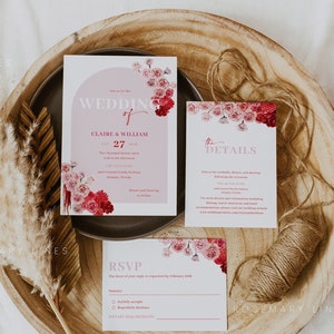 Red and pink rose wedding invitation template, hot pink flowers wedding invitation set, ombre red pink floral wedding invites fuchsia #171