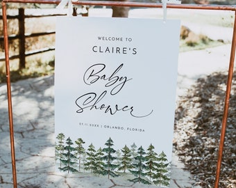 Pine trees baby shower welcome sign template, winter baby shower welcome sign, mountain baby shower sign, forest woodland rustic woodsy #105