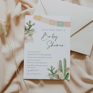 Blush peach fiesta baby shower invitation template, taco bout baby shower invitation, pastel cactus Mexican shower, dried palm pampas #180