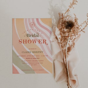 Retro bridal shower invitation template, boho 70&#39;s bridal shower invitations, sunburst abstract groovy pastel peach blush orange green #163