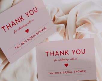 Modern retro chic thank you cards, 70's pink and red thank you card template, pink bridal shower thank you card, 1970's bright burgundy #178