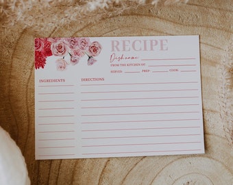 Red and pink floral recipe cards, hot pink recipe card template, red pink blush bridal shower recipe card, bold minimal modern fuchsia #171