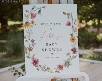 Wildflower baby shower welcome sign template, colorful floral welcome signs spring wildflowers baby shower sign wreath herbarium meadow #162