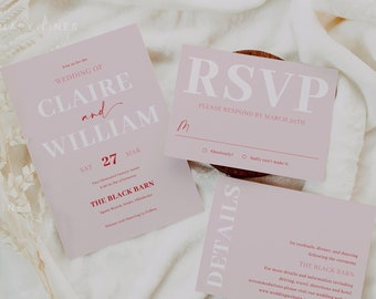 Blush wedding invitation set template, pink and red wedding invitations, hot pink wedding invites, bold thick font neon fuchsia #171