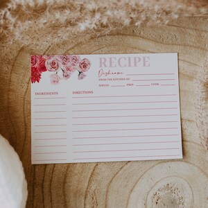 Red and pink floral recipe cards, hot pink recipe card template, red pink blush bridal shower recipe card, bold minimal modern fuchsia #171