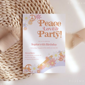 Modern retro birthday invites, peace love birthday invitation template, bright floral daisy, groovy boho 60&#39;s 70&#39;s hippie kids birthday #179