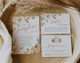 Little pumpkin baby shower invitation set template, fall baby shower invitations, autumn leaves rustic baby shower invites, fall floral #120