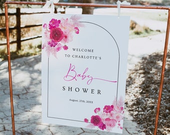 Hot pink baby shower welcome sign template, pink floral welcome sign, fuchsia baby shower sign, magenta blush pink bubble gum summer #212