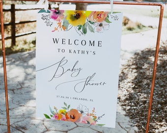 Coral baby shower welcome sign template, spring summer floral welcome sign, orange pink yellow baby shower sign, bright colorful floral #093