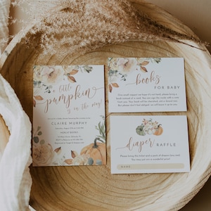 Little pumpkin baby shower invitation set template, fall baby shower invitations, autumn leaves rustic baby shower invites, fall floral #120