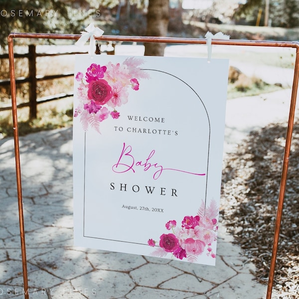 Hot pink baby shower welcome sign template, pink floral welcome sign, fuchsia baby shower sign, magenta blush pink bubble gum summer #212