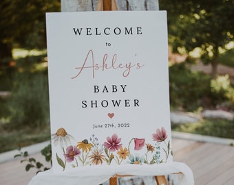 Wildflower baby shower welcome sign template, colorful floral welcome signs, spring wildflowers baby shower sign herbarium meadow #162