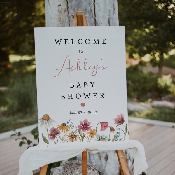 Wildflower baby shower welcome sign template, colorful floral welcome signs, spring wildflowers baby shower sign herbarium meadow #162