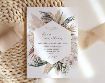 Boho tropical wedding invitation template, pampas grass wedding invitations, dried palm leaf rose orchid beach wedding invites #108