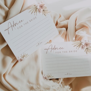 Dusty pink floral bridal shower advice card template, soft pale blush boho advice cards, dusty rose dried palm orchids neutral earthy #160