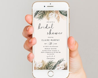 Tropical boho bridal shower electronic invitation template, pampas grass text invitation, dried palm bridal shower invite for phone sms #108