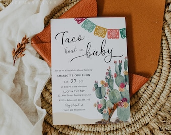 Taco bout a baby shower invitation template, cactus baby shower invites, Mexican, cinco de mayo, desert bright vibrant colorful floral #144