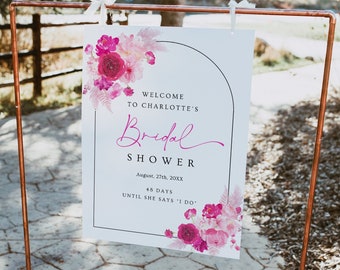 Hot pink floral bridal shower welcome sign template, blush bubblegum pink welcome sign, fuchsia magenta summer bridal shower poster #212
