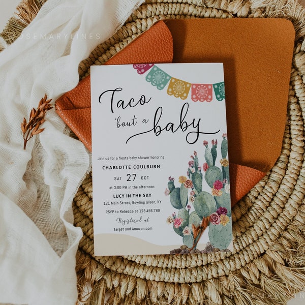 Taco bout a baby shower invitation template, cactus baby shower invites, Mexican, cinco de mayo, desert bright vibrant colorful floral #144