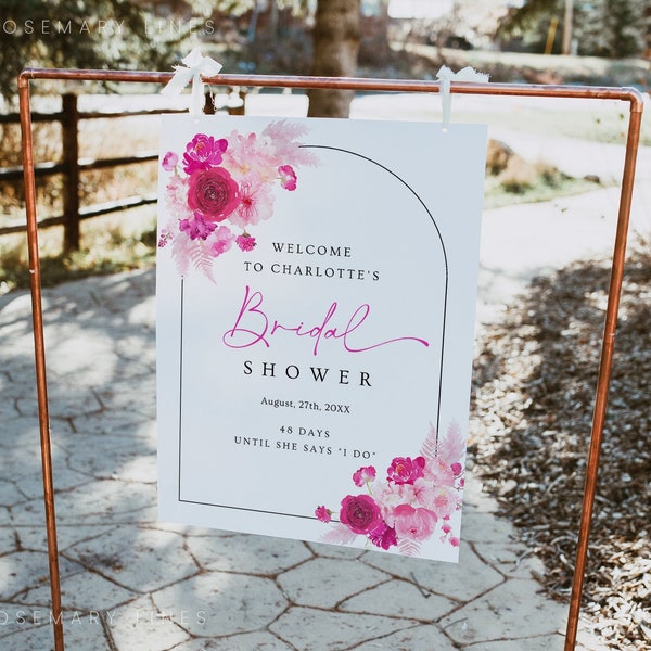 Hot pink floral bridal shower welcome sign template, blush bubblegum pink welcome sign, fuchsia magenta summer bridal shower poster #212