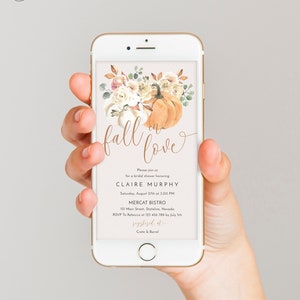Fall in love bridal shower for phone, pumpkin electronic bridal shower invitation template, autumn leaves floral phone invitations #120
