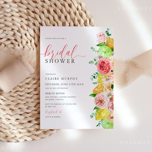 Citrus floral bridal shower invitation template, blush peach floral bridal shower invites, lemon bridal brunch, lime orange tangerine #069