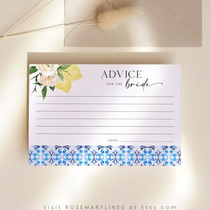 Italian blue tiles lemon advice card template, Mediterranean bridal shower advice card Positano citrus mosaic advice for the bride card #118
