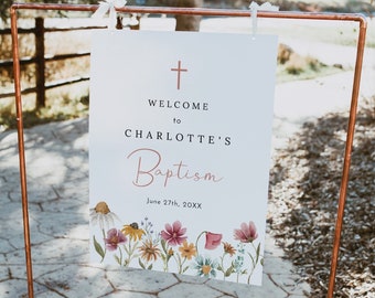 Wildflower baptism welcome sign template, bright floral girl baptism sign, wildflowers christening religious cross meadow flower field #162