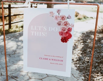 Red and pink floral wedding welcome sign template, hot pink flowers welcome sign, red pink rose ombre welcome wedding sign neon fuchsia #171