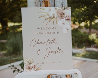 Blush boho wedding welcome sign template, dusty rose welcome signs, floral dried palm welcome wedding sign, neutral muted rose orchid #160