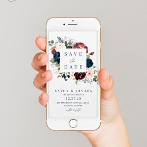 Navy burgundy floral electronic save the date template, marsala navy save the date evite digital invitations, save the date e-vite #092-26