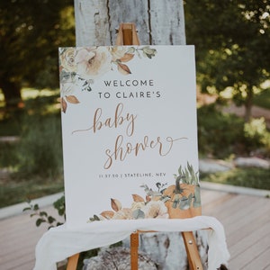 Orange pumpkin baby shower welcome sign template, rustic fall baby shower poster, autumn floral leaf baby shower welcome sign printable #120