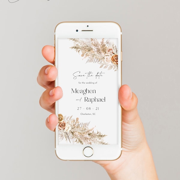 Pampas grass electronic save the date template, muted terracotta dried floral boho save the dates for phone, desert digital invitations #143