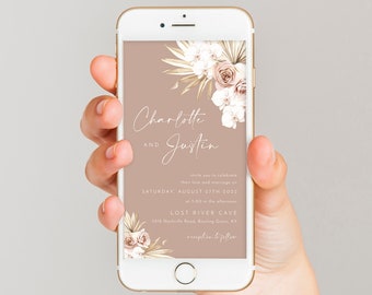 Dusty rose electronic wedding invitation template, dried palm boho wedding invites for phone, digital invitations, blush floral orchid #160
