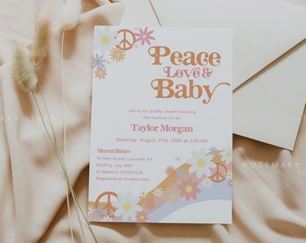 Peace love groovy baby shower invitation template, retro daisy baby shower invites, bright colorful floral, boho 1970s 60's 70's hippie #179