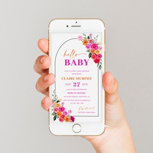 Pink orange baby shower electronic invitation template for phone, hot pink floral digital baby shower invite, bold vibrant fuchsia #202
