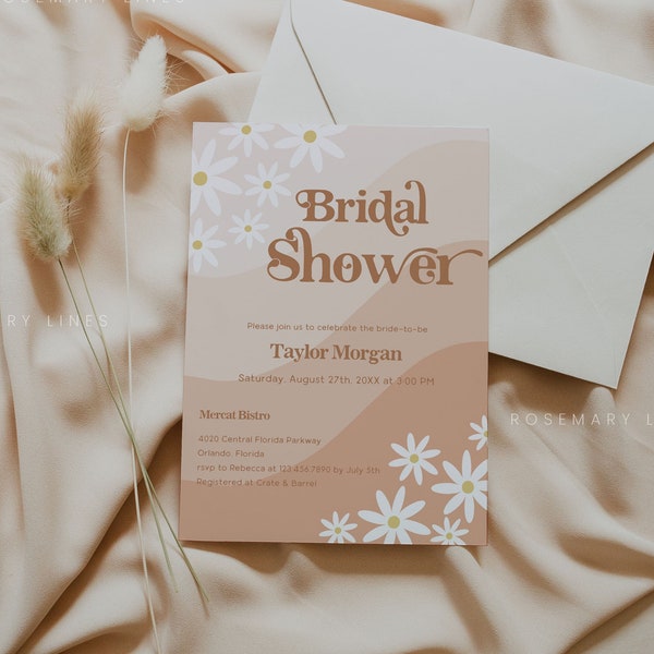 Retro daisy bridal shower invitation template, terracotta bridal shower invites, earthy boho hippy groovy bridal shower invites, 70's #185