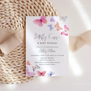 Butterfly kisses baby shower invitation template, pink purple butterfly baby shower invites blush pink lilac spring summer garden #223