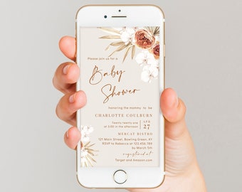 Rust dried palm electronic baby shower invites, boho baby shower invitation template for phone, burnt orange terracotta phone invite #135