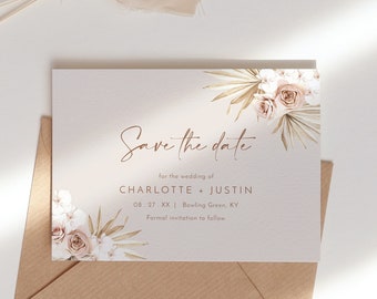 Dusty rose wedding save the date template, pale blush boho save the date, neutral dried palm save the dates, pampas orchid mauve beige #160