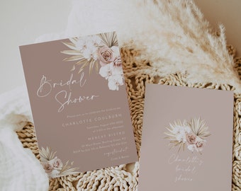 Dusty rose bridal shower invitation template, pale blush fall boho bridal shower invite, floral dried palm orchids neutral mauve beige #160