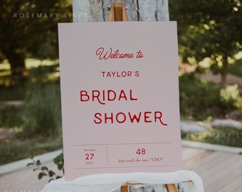 Modern retro bridal shower welcome sign template, pink and red bridal shower poster, mid century, 60s 70s 80s 90s welcome sign #178