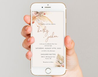 Pampas grass boho electronic wedding invitation template, rust wedding invites for phone, orange floral dried palm digital invitations #107