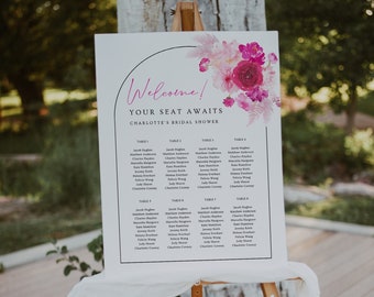 Hot pink floral seating chart template, blush bubblegum pink seating chart, fuchsia magenta summer bridal shower seating chart #212