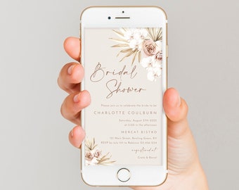 Dusty rose bridal shower invitation template for phone, pale blush floral fall boho electronic bridal shower invites, dried palm #160