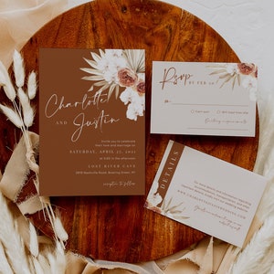 pampas grass wedding invitation digital for phone #135-2 palm rust burnt orange text invite Electronic boho wedding invitation template