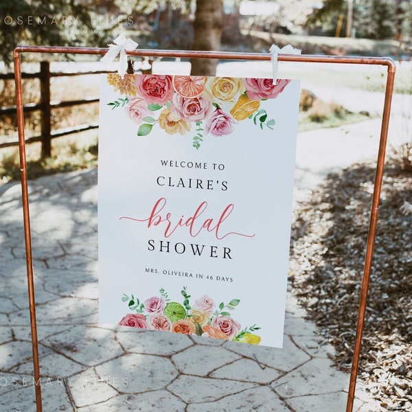 Citrus floral bridal shower welcome sign template, blush peach floral bridal shower sign, lemon welcome sign, lime orange coral #069